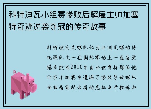 科特迪瓦小组赛惨败后解雇主帅加塞特奇迹逆袭夺冠的传奇故事
